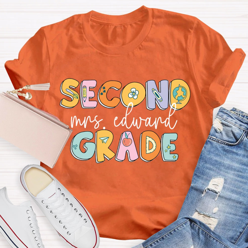 Personalized Name And Grade Second Grade Pencil And Flower T-shirt