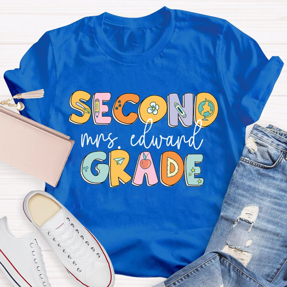 Personalized Name And Grade Second Grade Pencil And Flower T-shirt