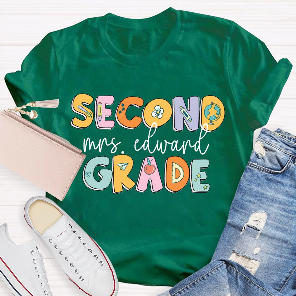 Personalized Name And Grade Second Grade Pencil And Flower T-shirt