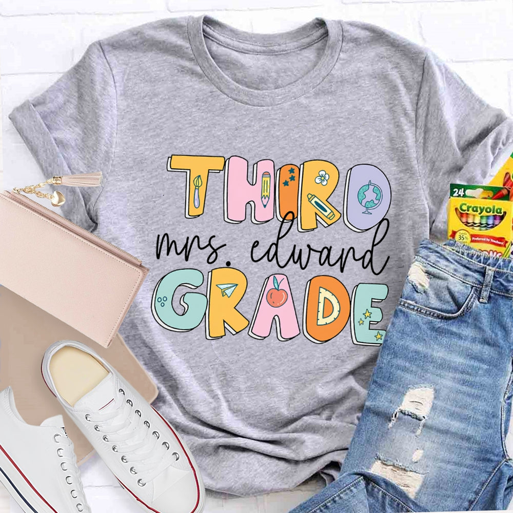 Personalized Name And Grade Second Grade Pencil And Flower T-shirt