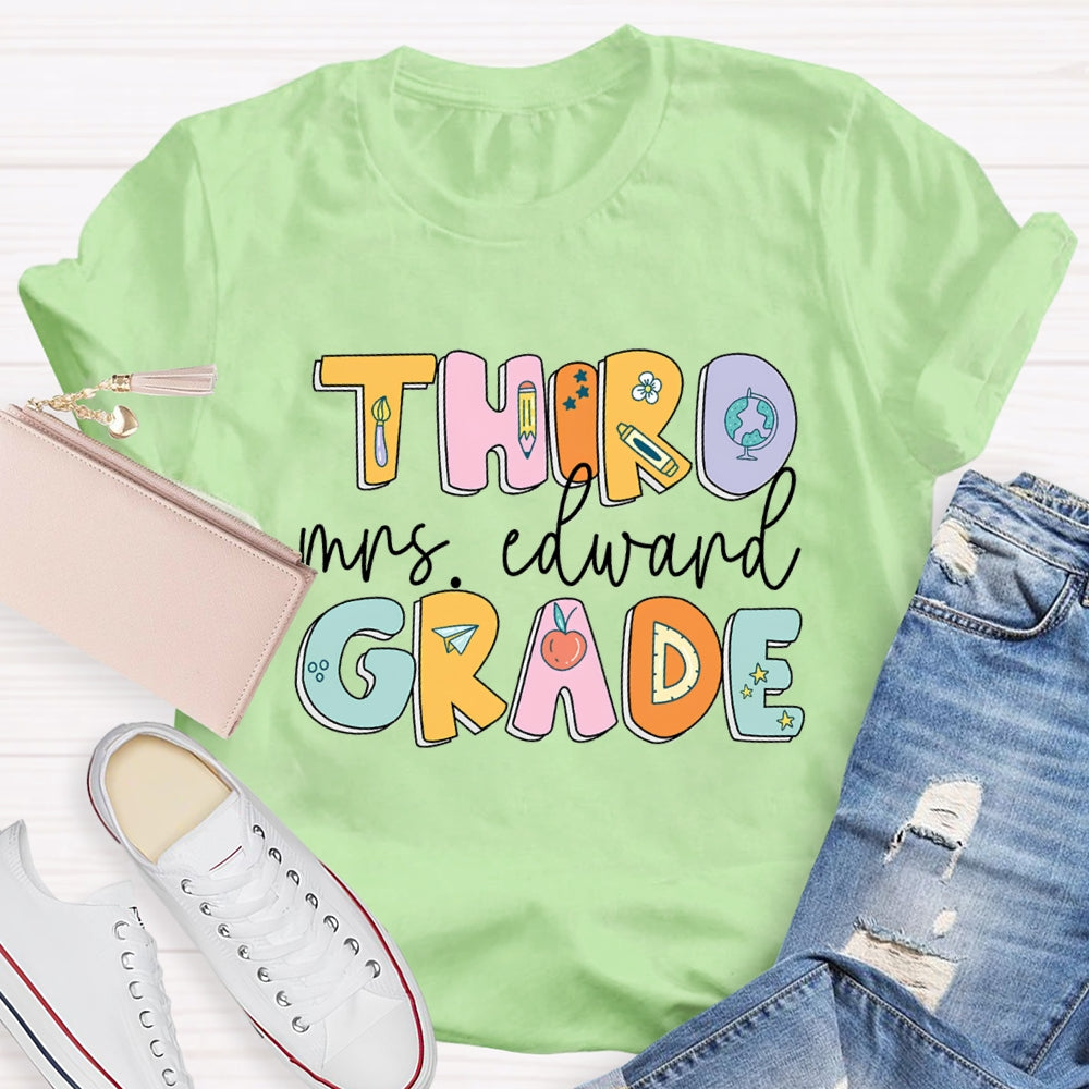 Personalized Name And Grade Second Grade Pencil And Flower T-shirt