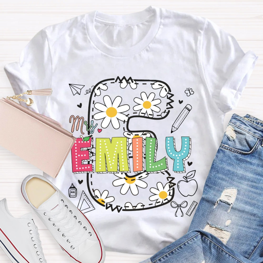 Personalized Name Daisy Print Teacher T-shirt