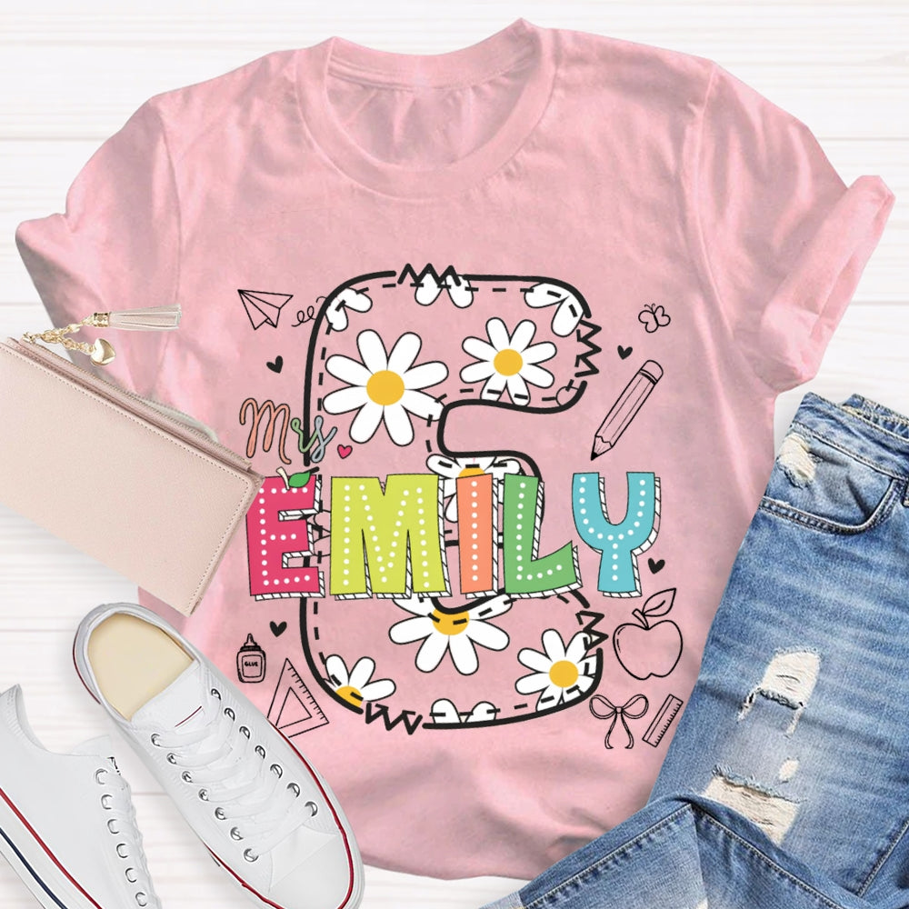 Personalized Name Daisy Print Teacher T-shirt