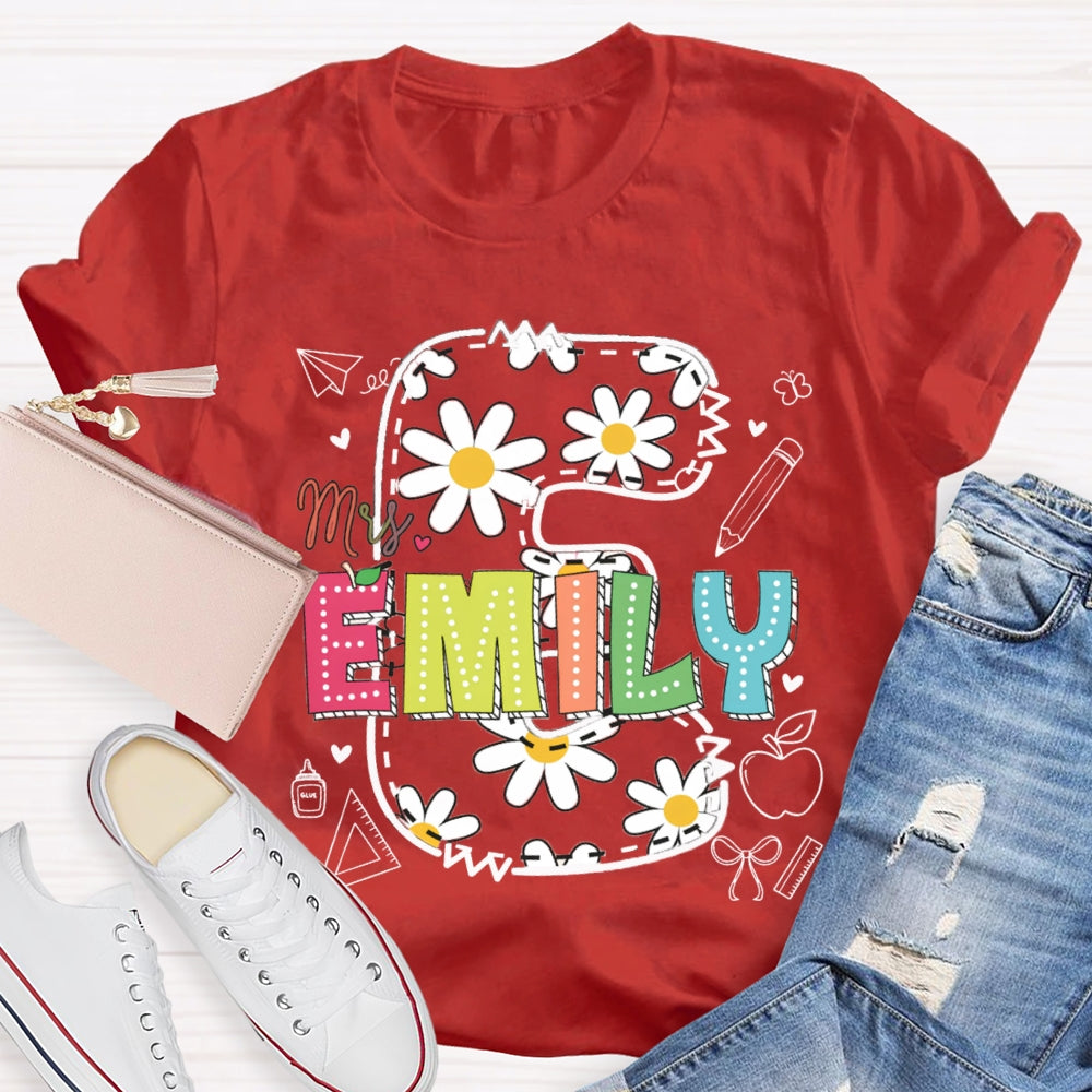 Personalized Name Daisy Print Teacher T-shirt