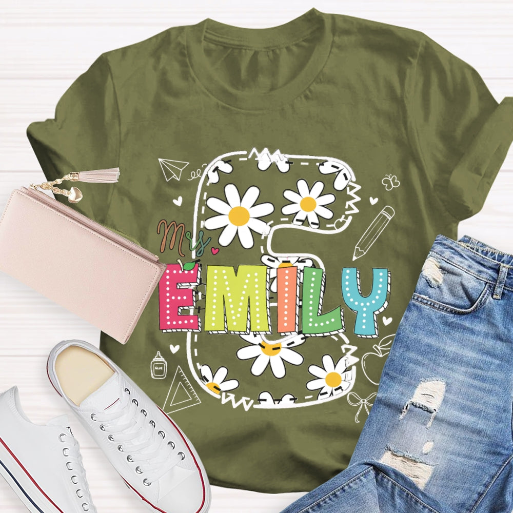 Personalized Name Daisy Print Teacher T-shirt