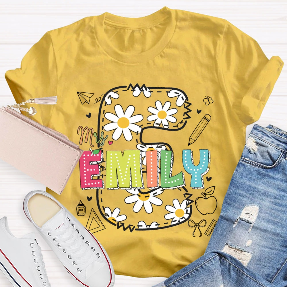 Personalized Name Daisy Print Teacher T-shirt
