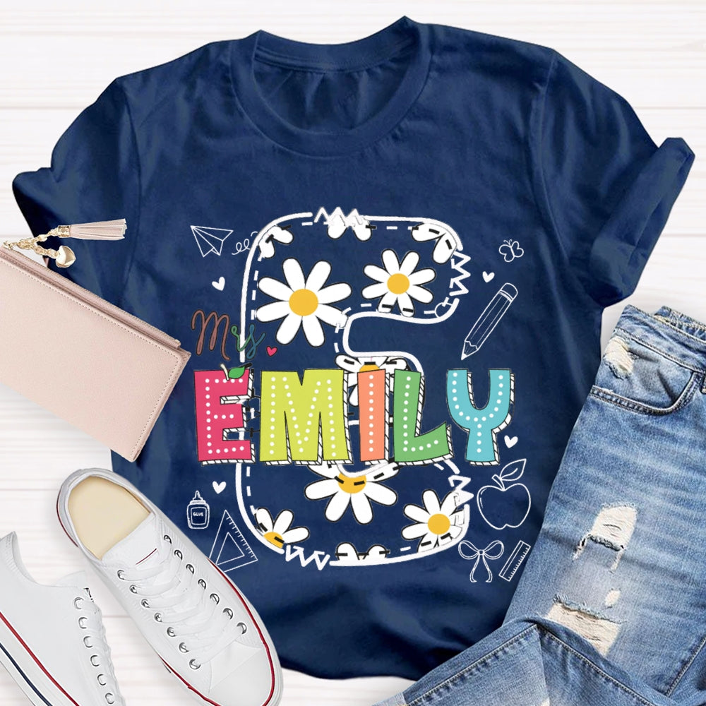 Personalized Name Daisy Print Teacher T-shirt