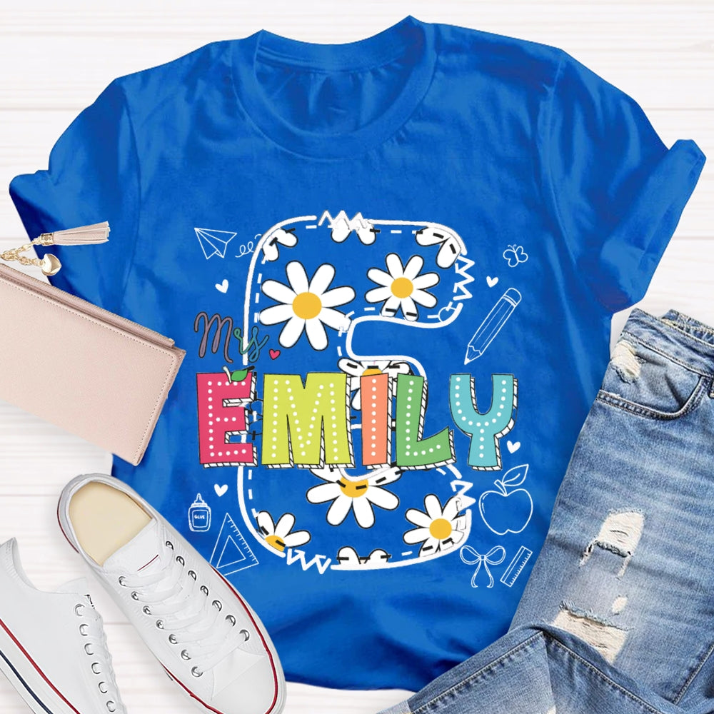 Personalized Name Daisy Print Teacher T-shirt