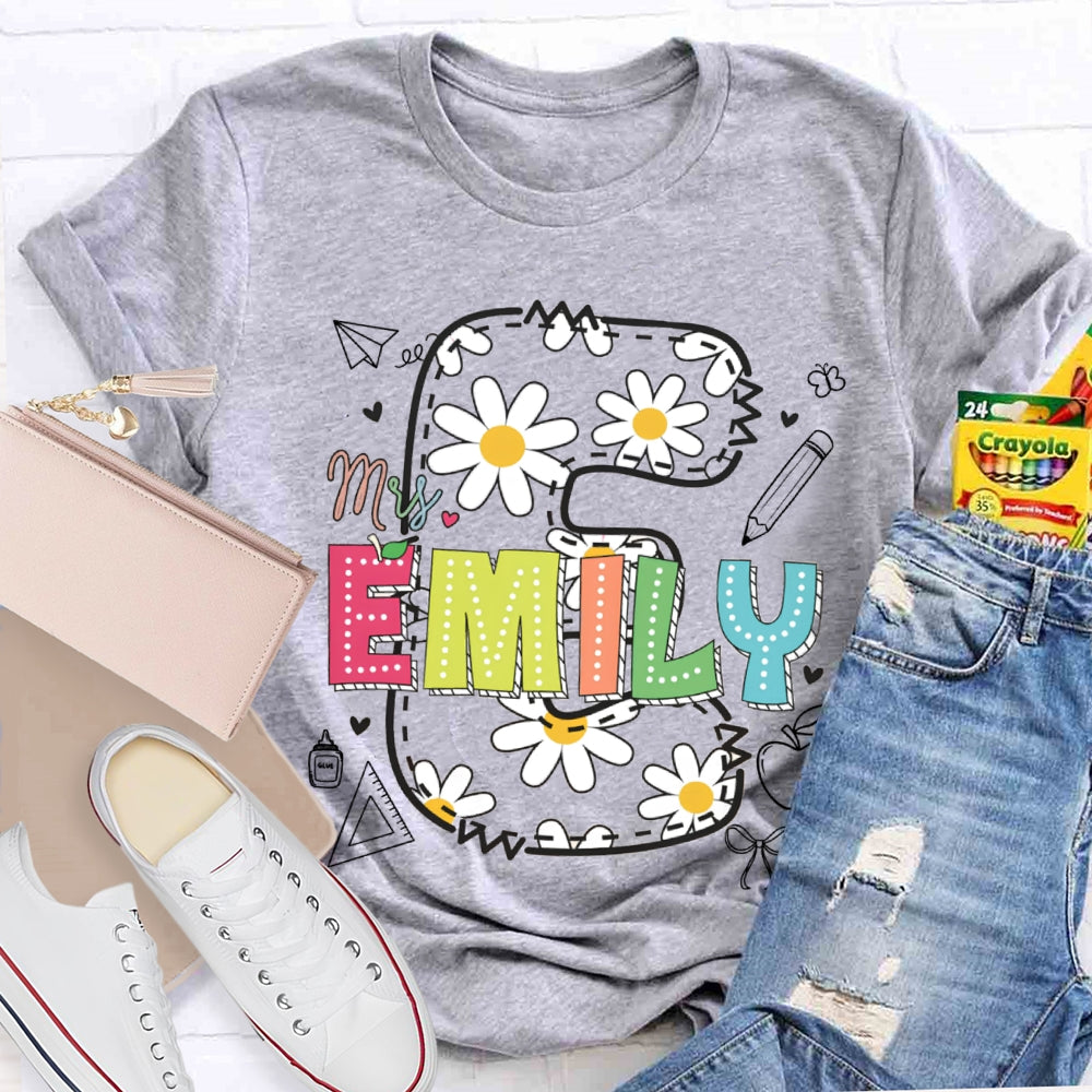 Personalized Name Daisy Print Teacher T-shirt
