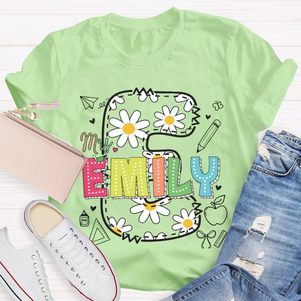 Personalized Name Daisy Print Teacher T-shirt