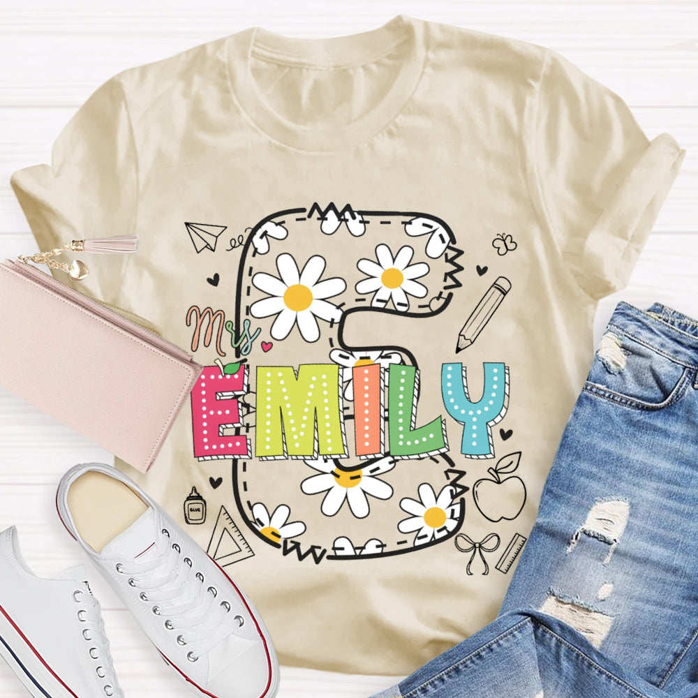 Personalized Name Daisy Print Teacher T-shirt
