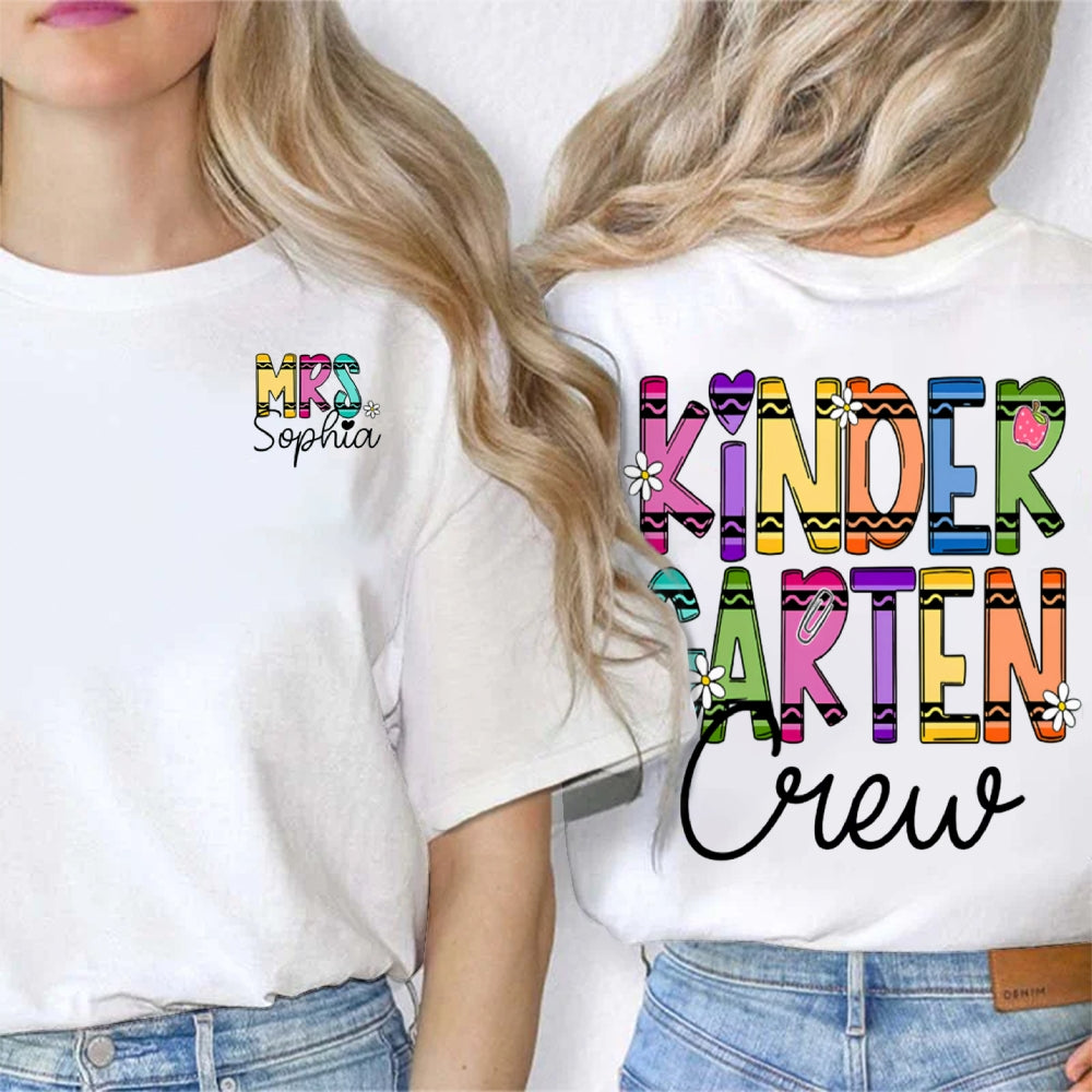Personalized Name And Grade Kindergarten Crew Wavy Letters Double Printed T-shirt