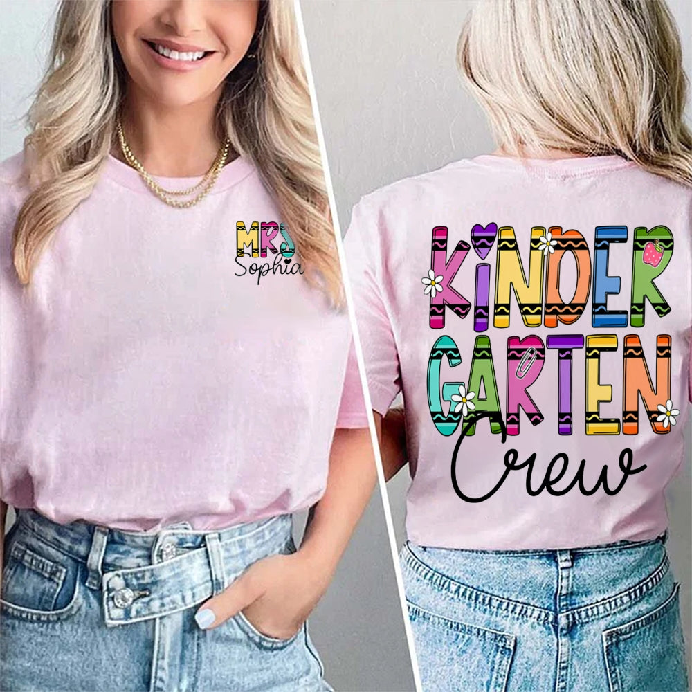 Personalized Name And Grade Kindergarten Crew Wavy Letters Double Printed T-shirt
