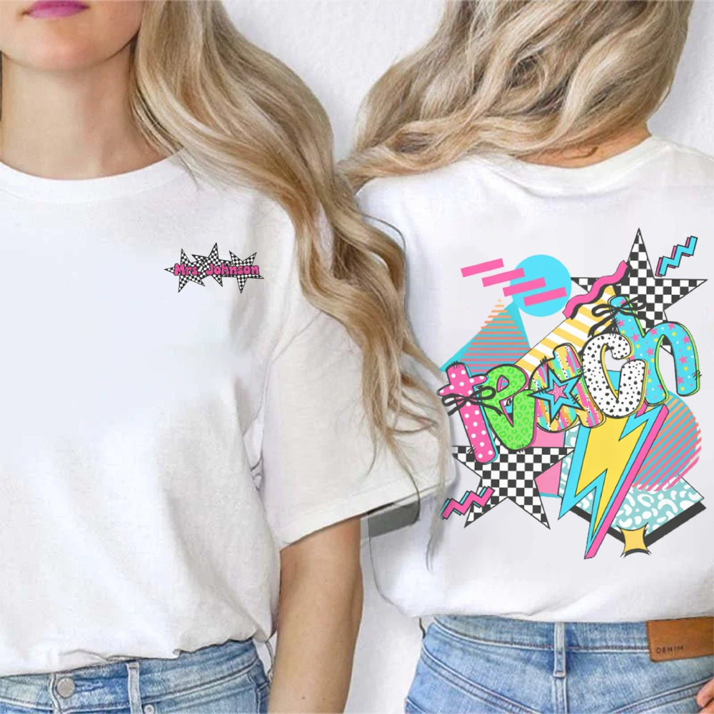 Personalized Name Teach Colorful Polka Dot And Stripe Print Double Printed T-shirt