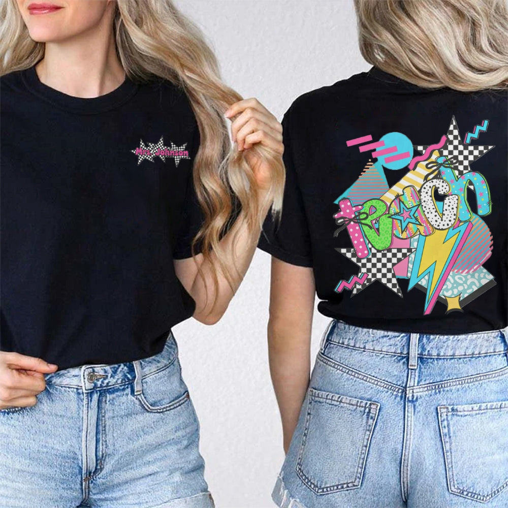Personalized Name Teach Colorful Polka Dot And Stripe Print Double Printed T-shirt