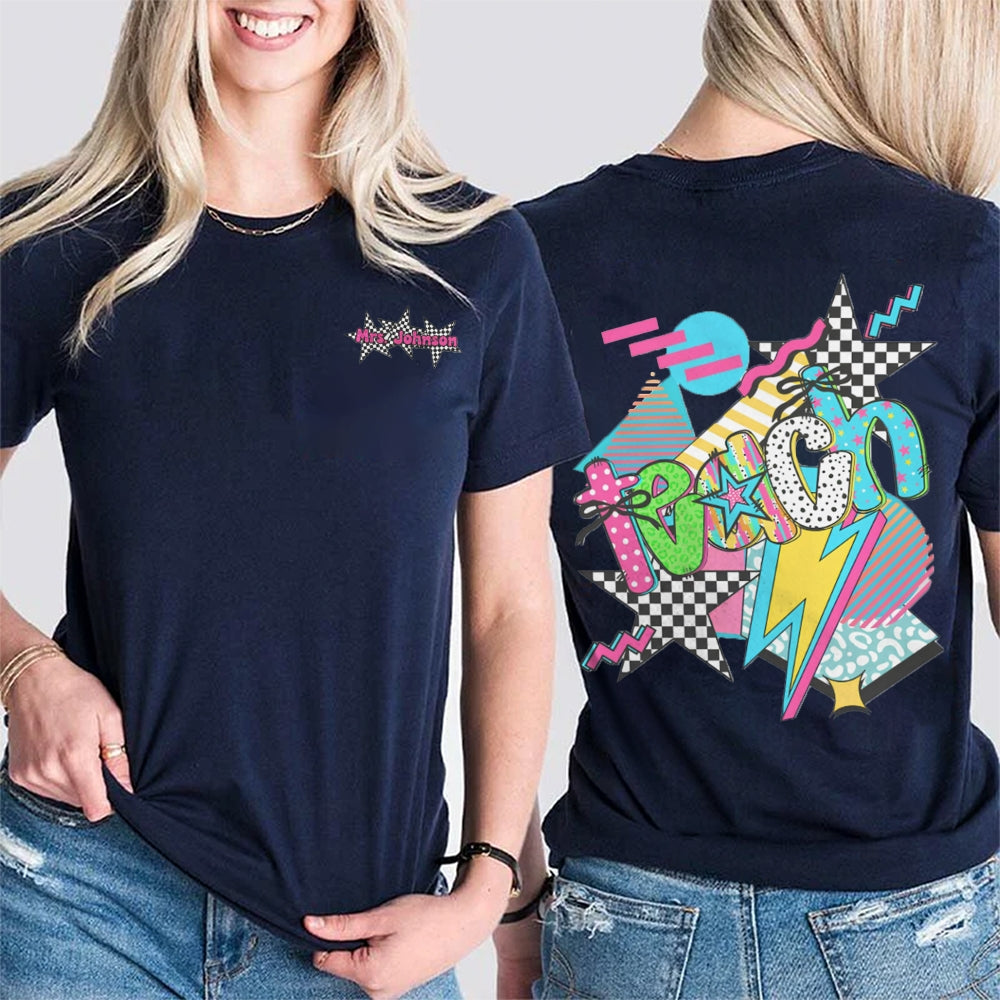 Personalized Name Teach Colorful Polka Dot And Stripe Print Double Printed T-shirt