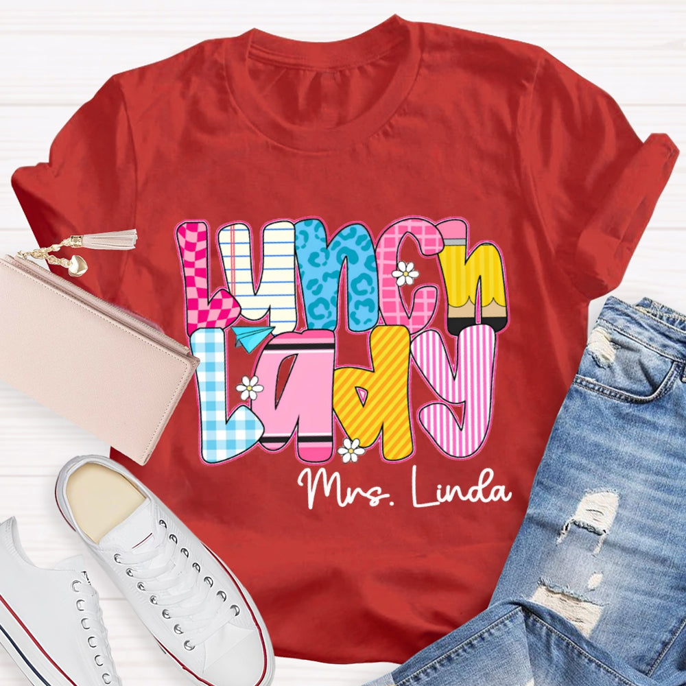 Personalized Name Lunch Lady Checkered And Striped T-shirt