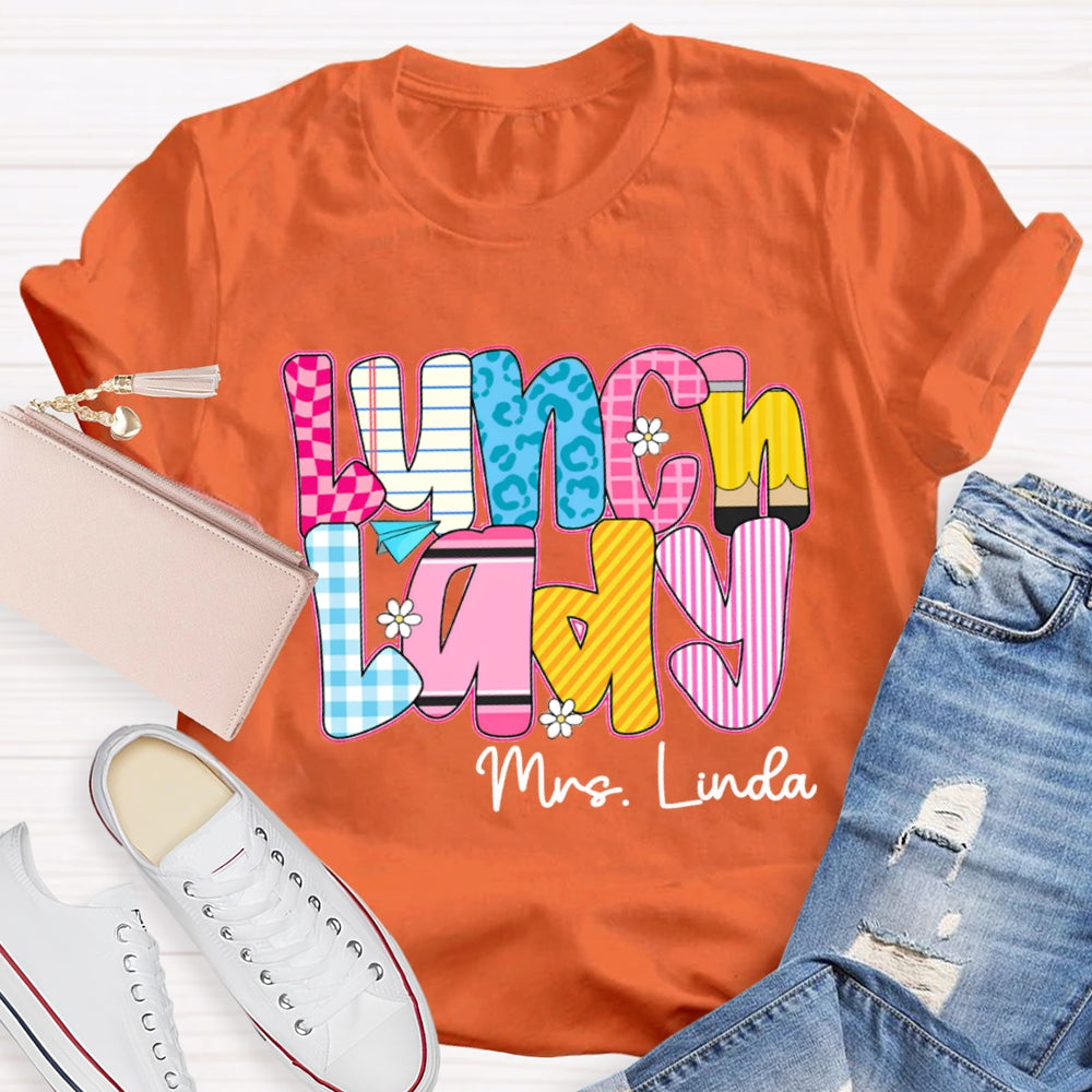 Personalized Name Lunch Lady Checkered And Striped T-shirt