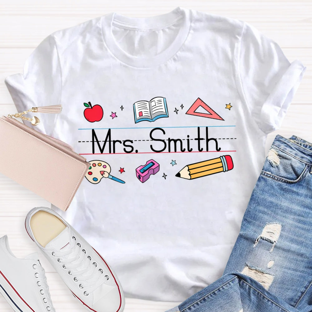 Personalized Name Apple Book Ruler Paint Tray Pencil  T-shirt