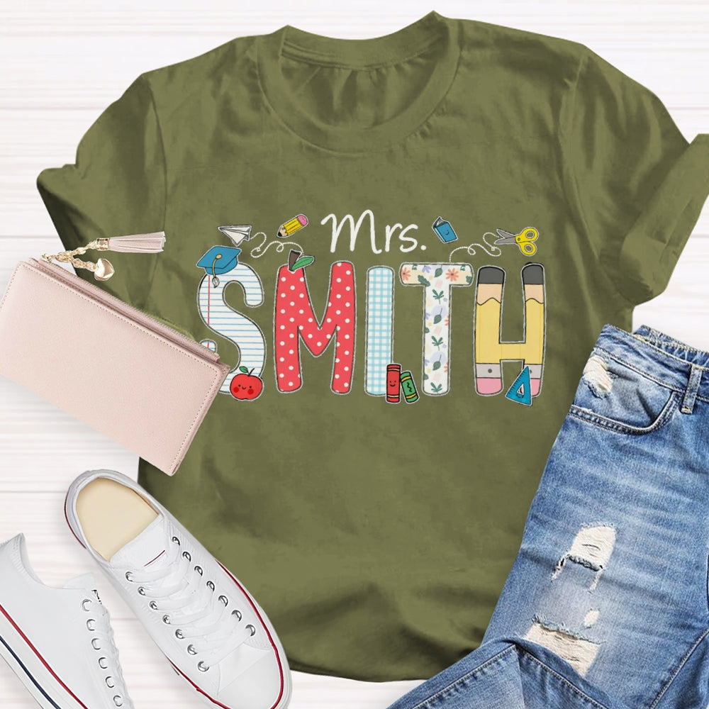 Personalized Name Polka Dot Stripes Letters Teacher T-shirt