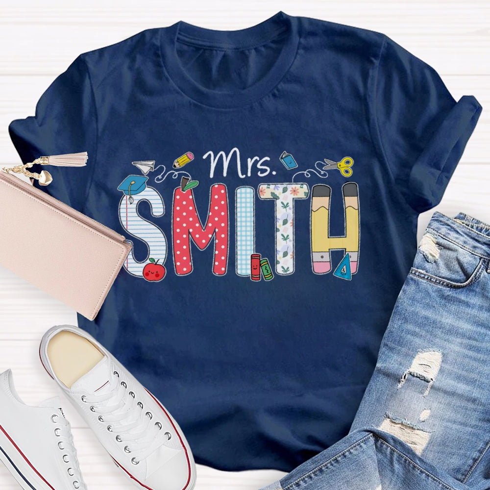 Personalized Name Polka Dot Stripes Letters Teacher T-shirt