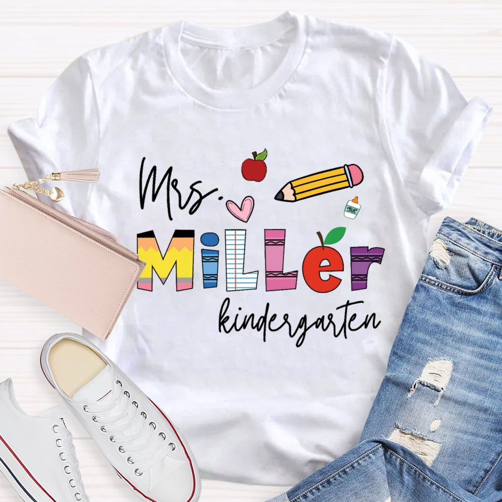 Personalized Name Kindergarten Pink Heart And Pencil T-shirt