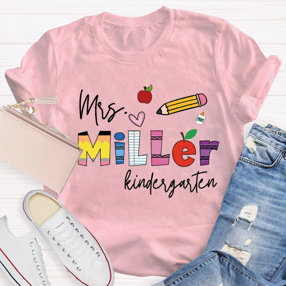 Personalized Name Kindergarten Pink Heart And Pencil T-shirt