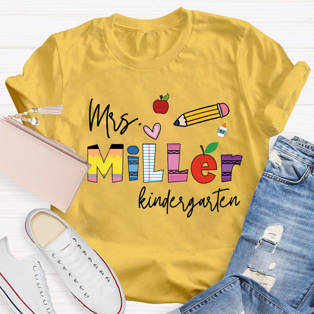 Personalized Name Kindergarten Pink Heart And Pencil T-shirt