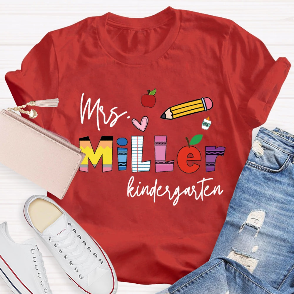 Personalized Name Kindergarten Pink Heart And Pencil T-shirt