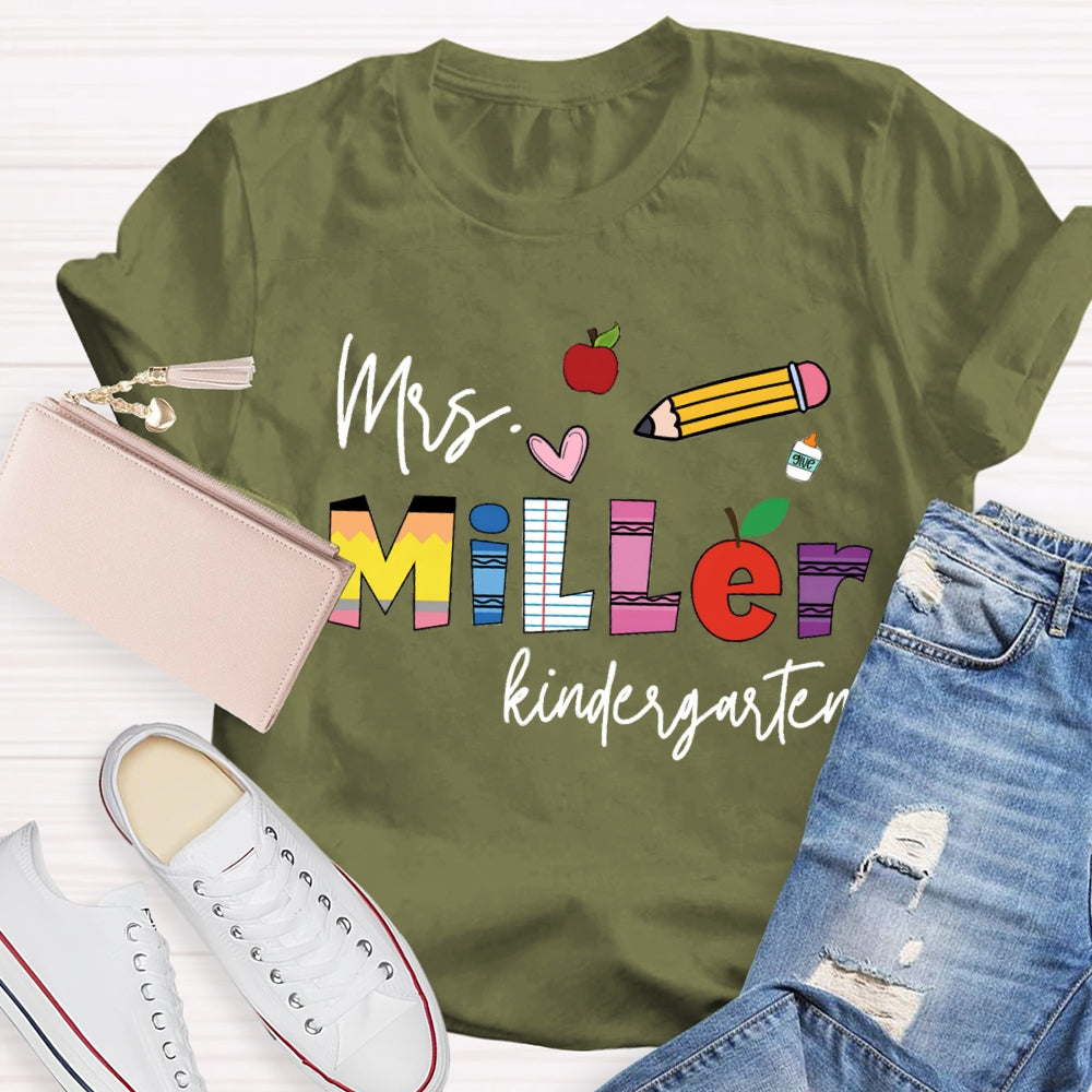 Personalized Name Kindergarten Pink Heart And Pencil T-shirt