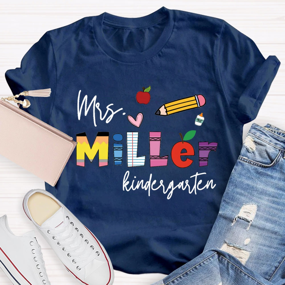 Personalized Name Kindergarten Pink Heart And Pencil T-shirt