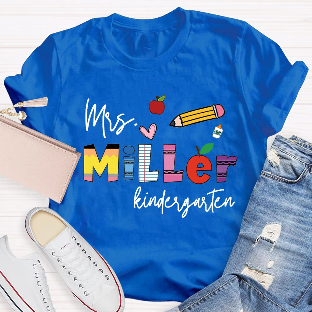 Personalized Name Kindergarten Pink Heart And Pencil T-shirt