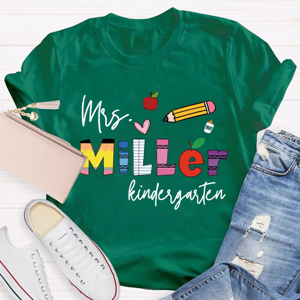 Personalized Name Kindergarten Pink Heart And Pencil T-shirt