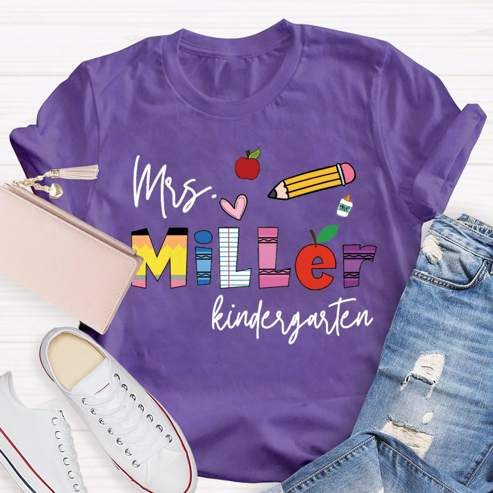 Personalized Name Kindergarten Pink Heart And Pencil T-shirt