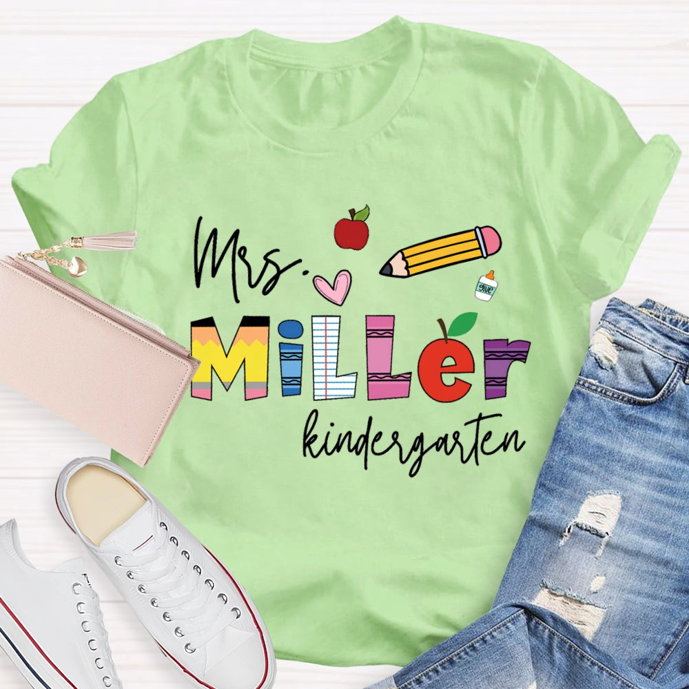Personalized Name Kindergarten Pink Heart And Pencil T-shirt