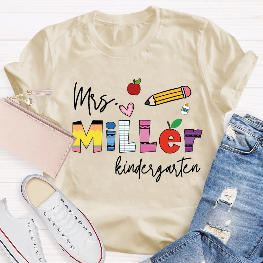 Personalized Name Kindergarten Pink Heart And Pencil T-shirt