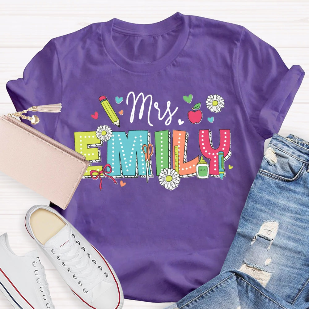Personalized Name Back To School Daisies And Hearts Teacher T-shirt