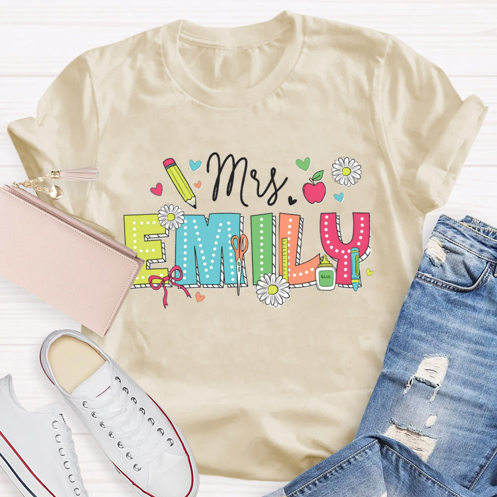 Personalized Name Back To School Daisies And Hearts Teacher T-shirt