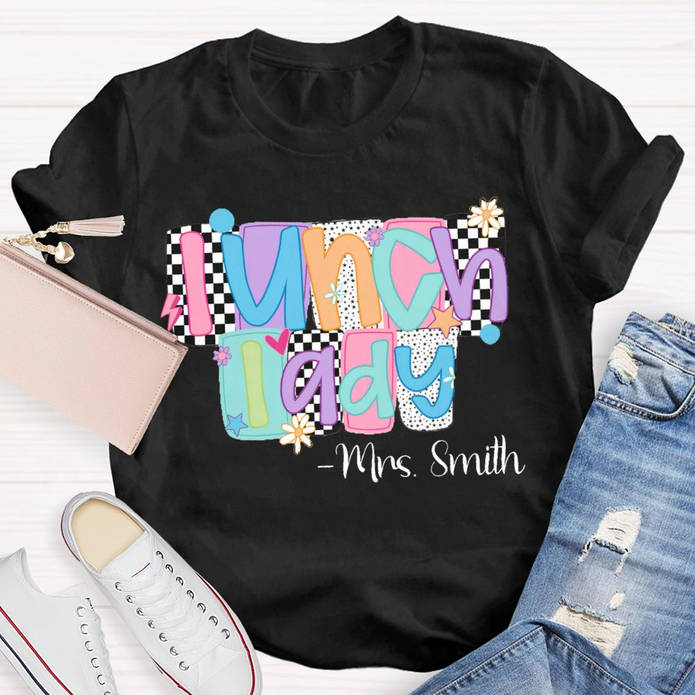 Personalized Name Lunch Lady Squares And Dots T-shirt