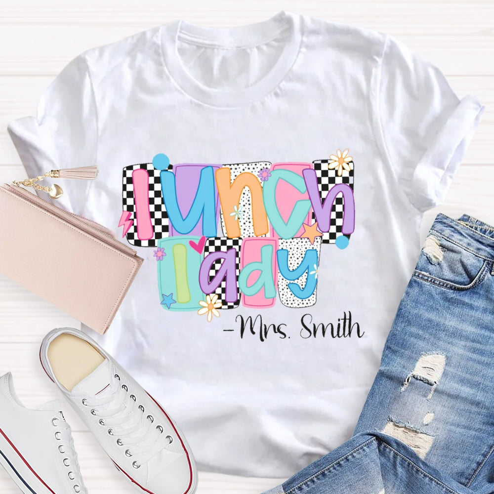 Personalized Name Lunch Lady Squares And Dots T-shirt