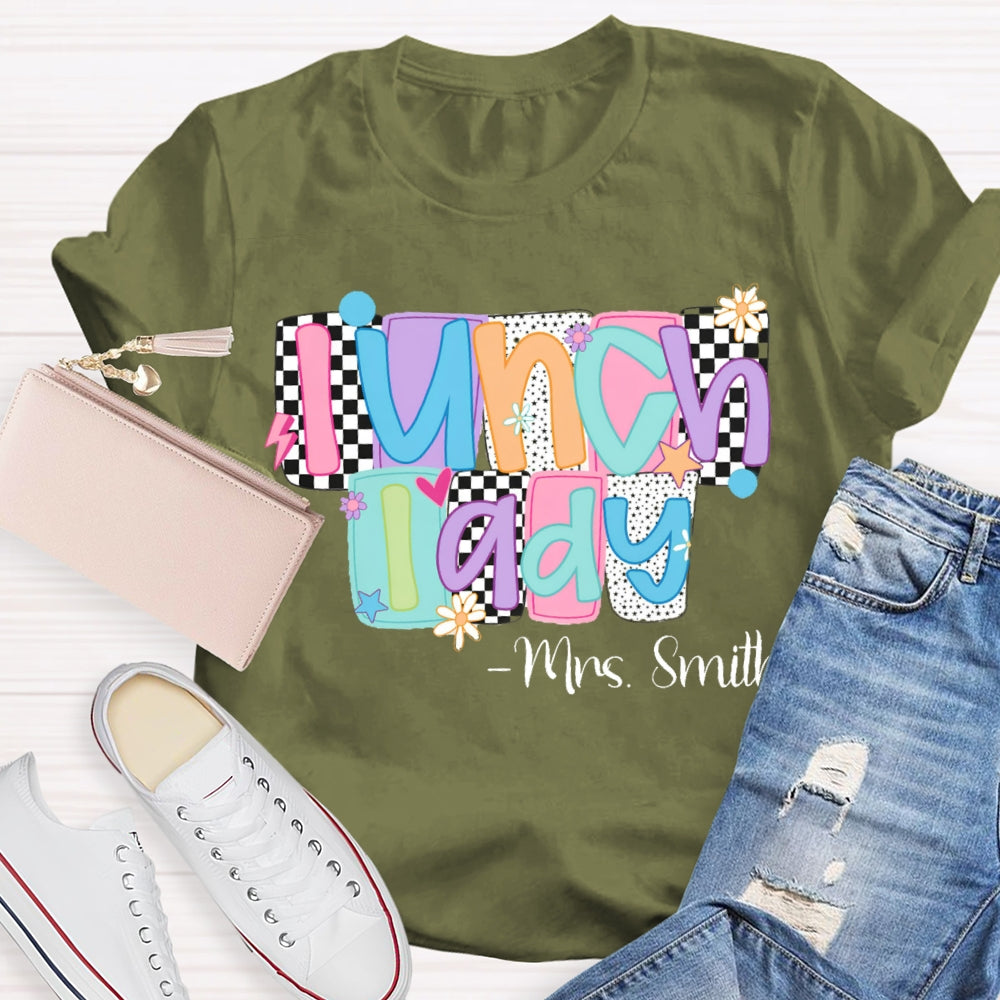 Personalized Name Lunch Lady Squares And Dots T-shirt