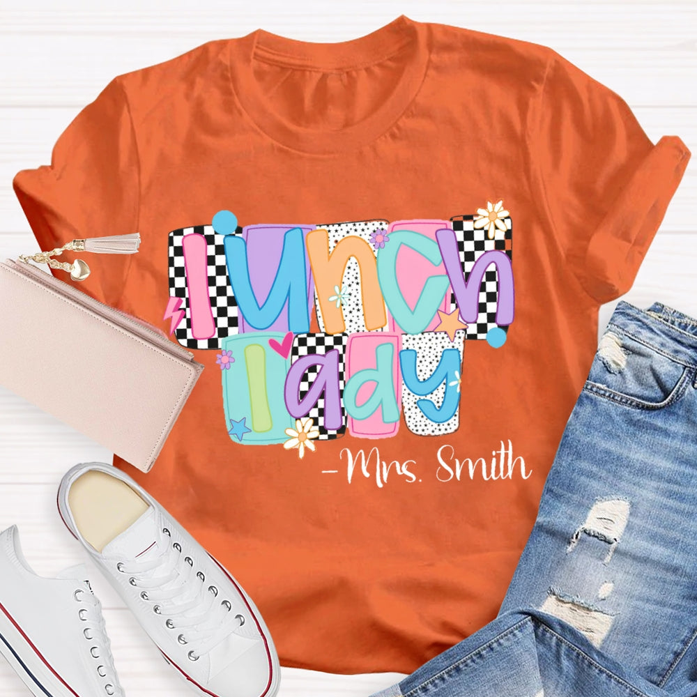 Personalized Name Lunch Lady Squares And Dots T-shirt
