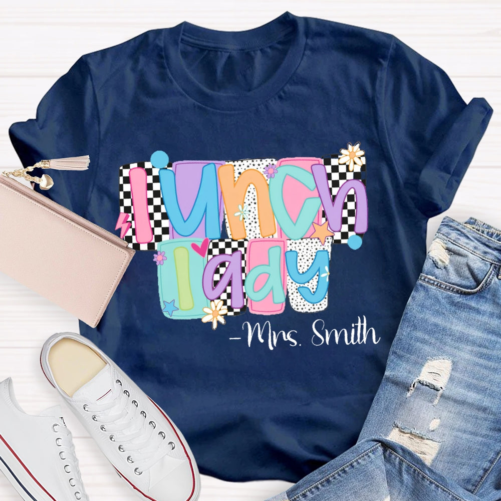 Personalized Name Lunch Lady Squares And Dots T-shirt