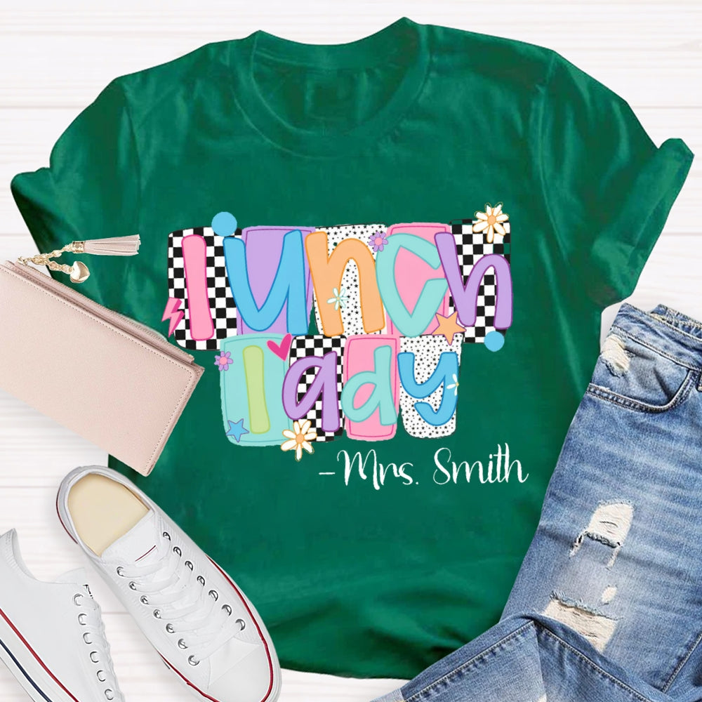 Personalized Name Lunch Lady Squares And Dots T-shirt
