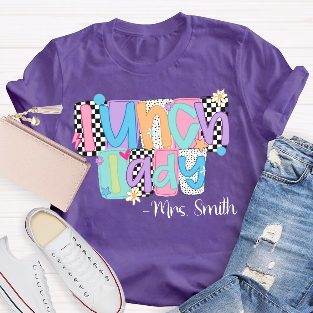 Personalized Name Lunch Lady Squares And Dots T-shirt