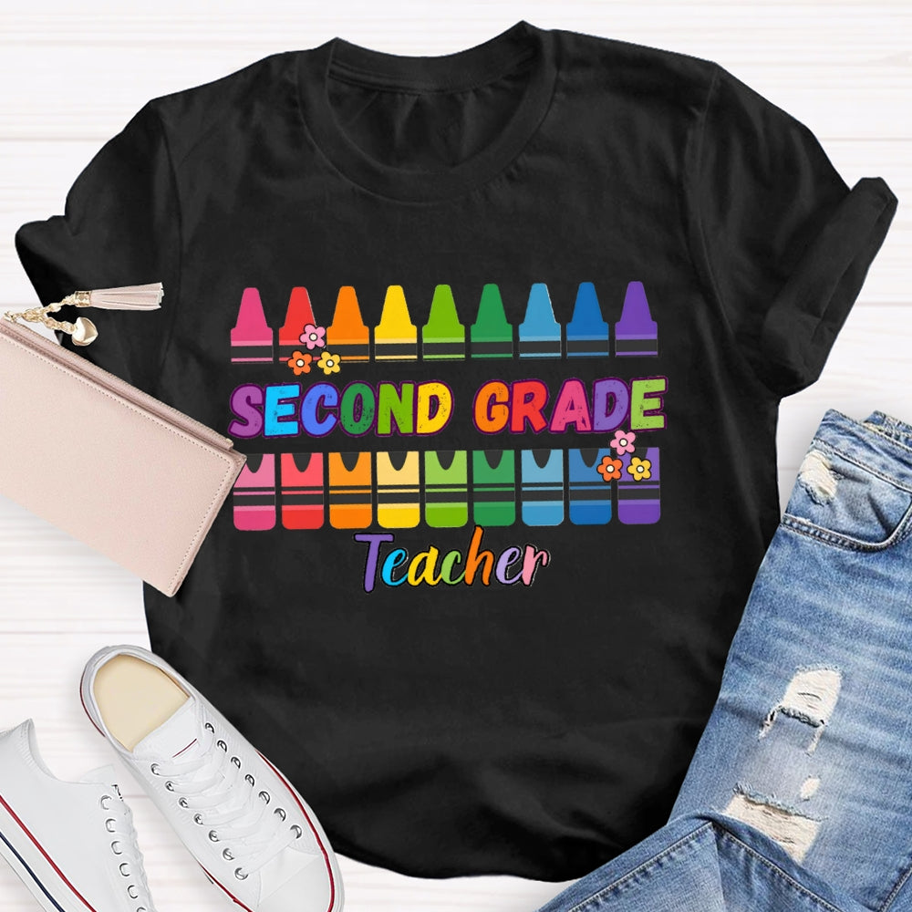 Personalized Grade Second Grade Teacher Colored Crayons T-shirt