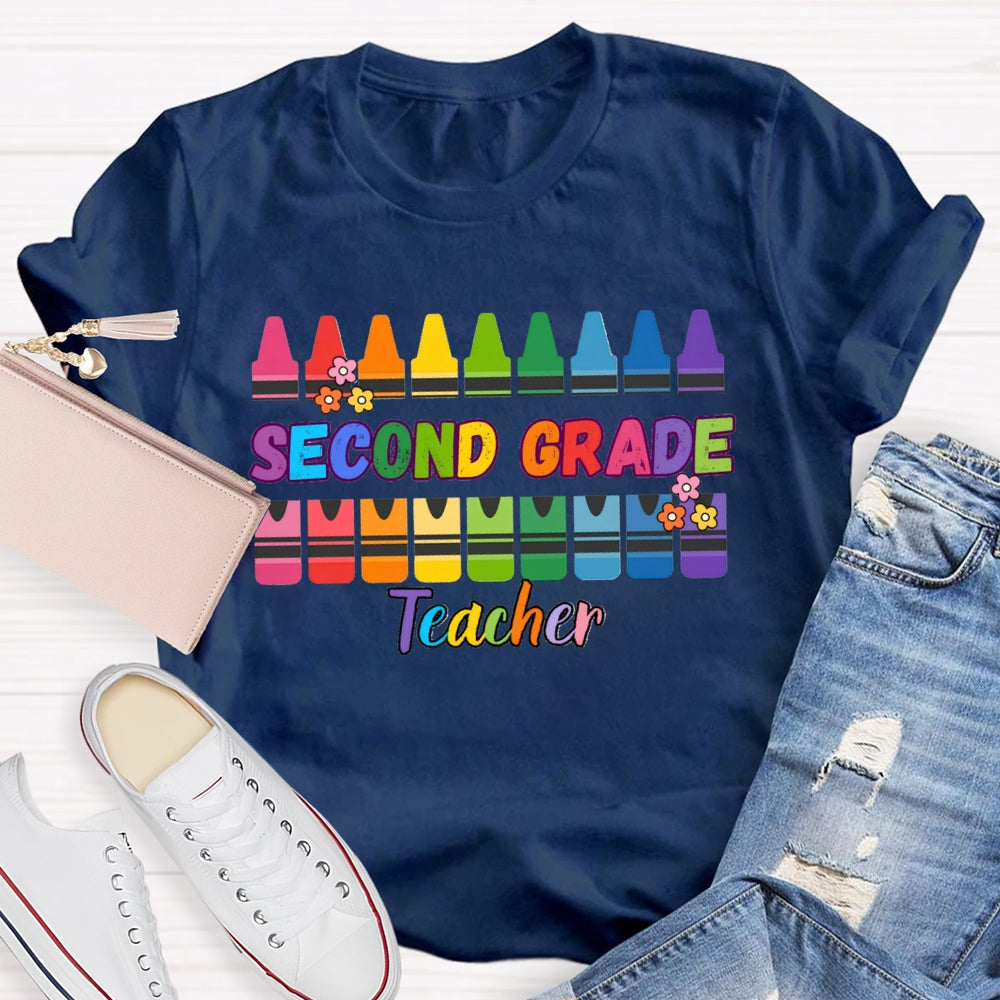 Personalized Grade Second Grade Teacher Colored Crayons T-shirt