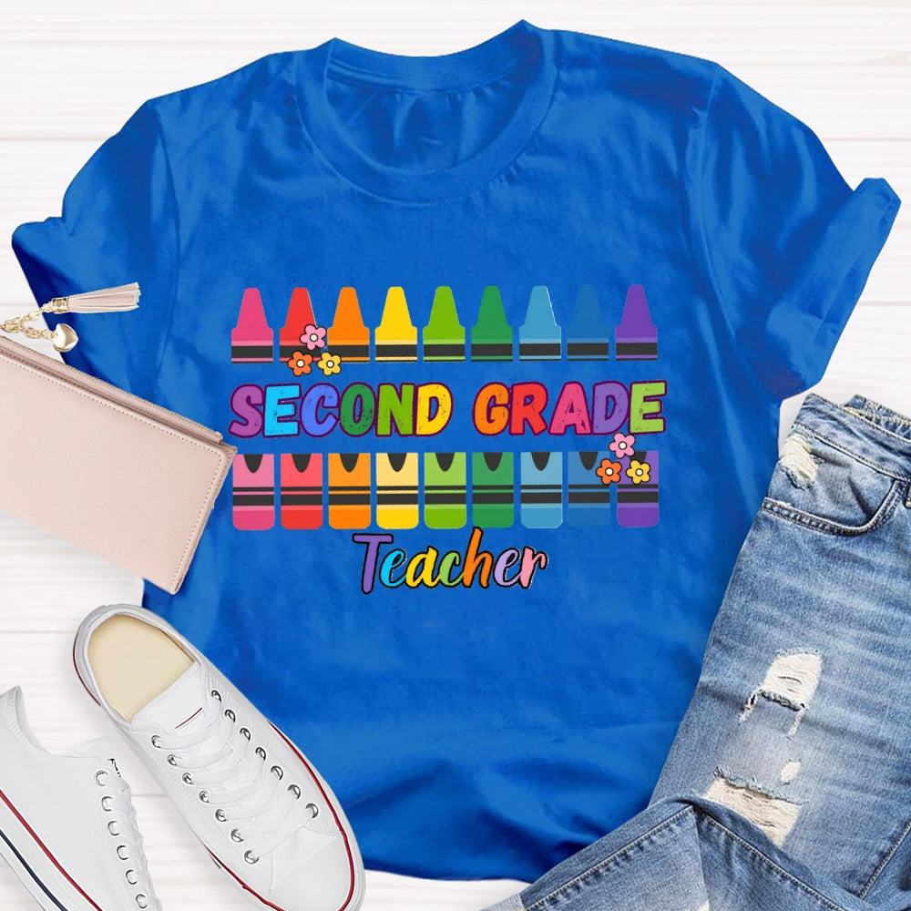 Personalized Grade Second Grade Teacher Colored Crayons T-shirt