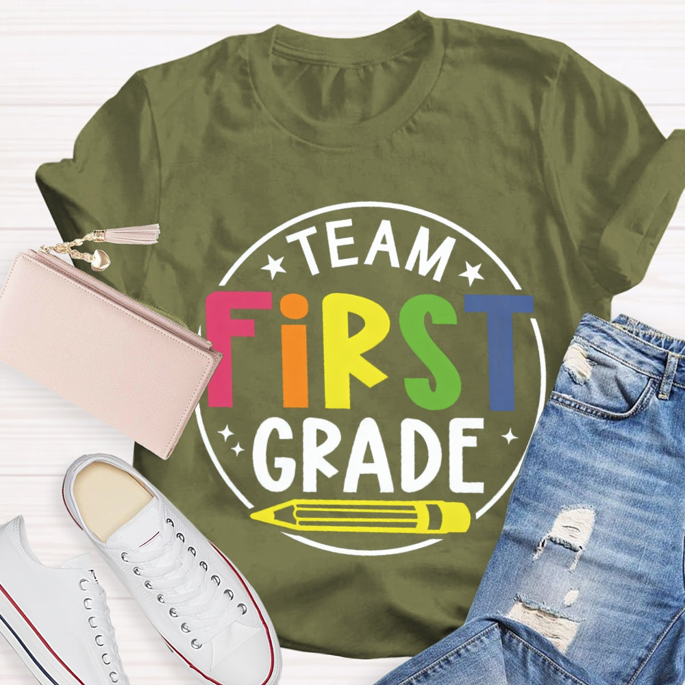Personalized Grade First Grade Team Yellow Pencil Teacher T-shirt
