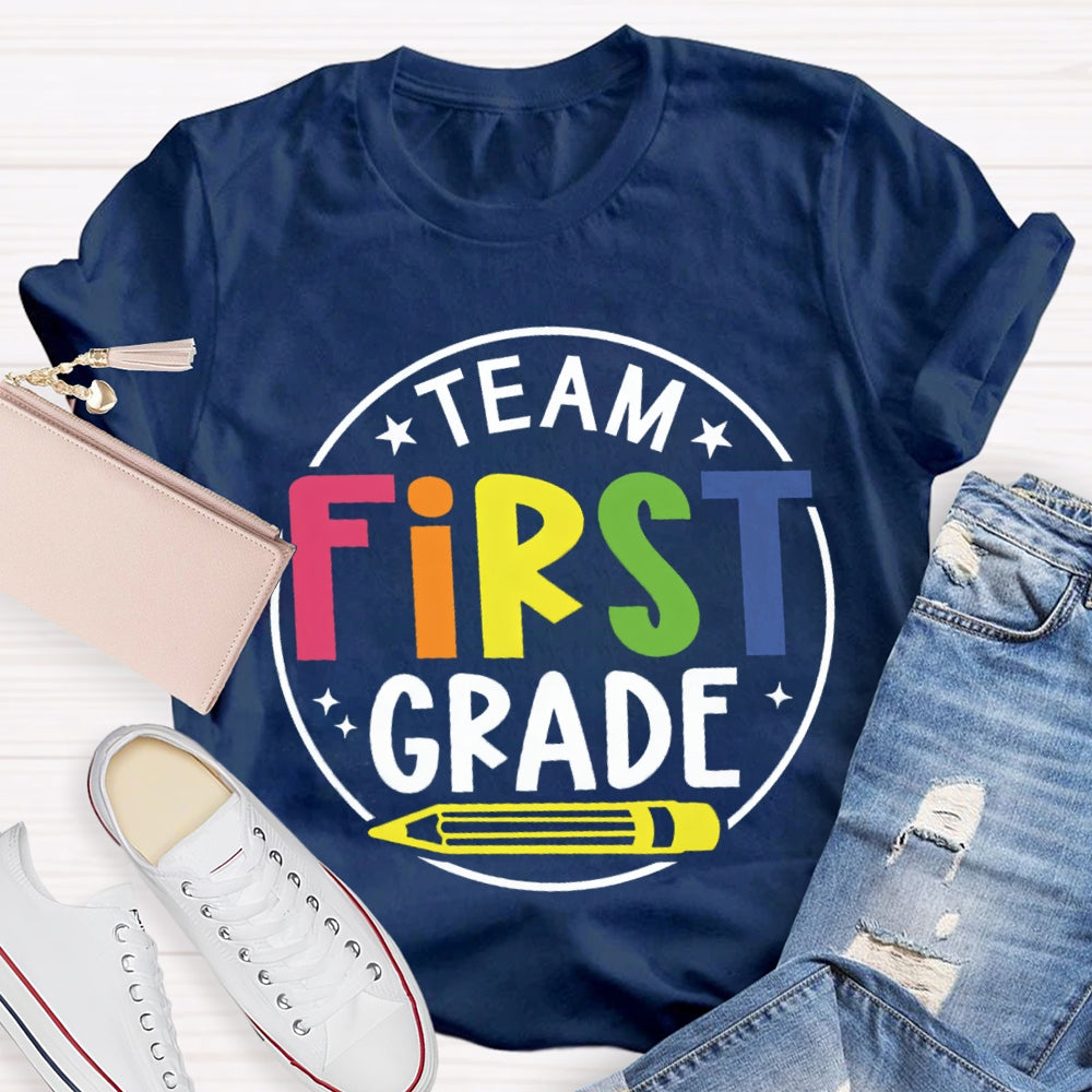 Personalized Grade First Grade Team Yellow Pencil Teacher T-shirt